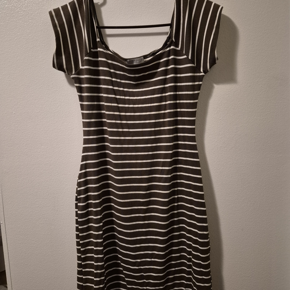 Striped Brown and White Scoop Neck Mini Dress